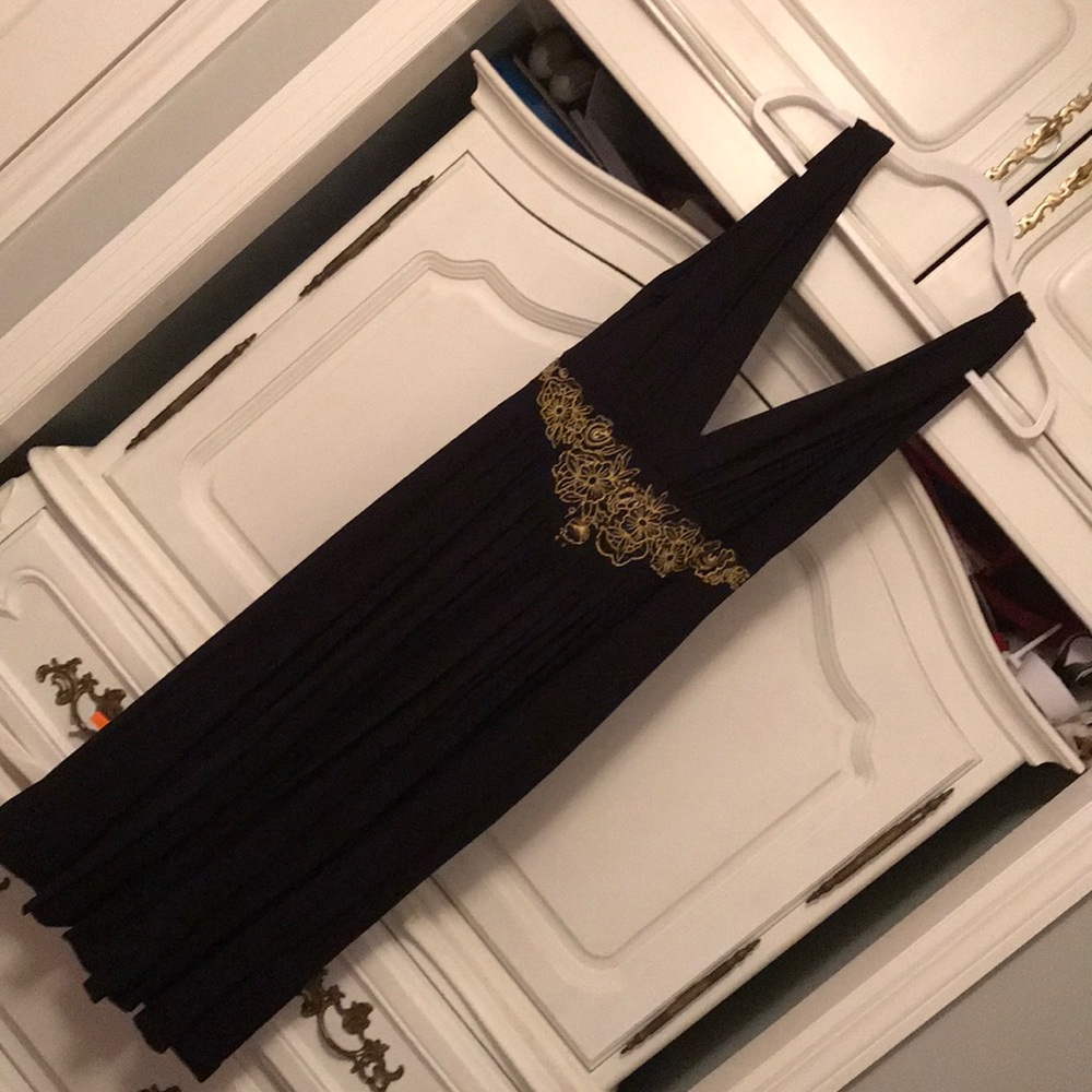 Black dress with gold embroidered flowers